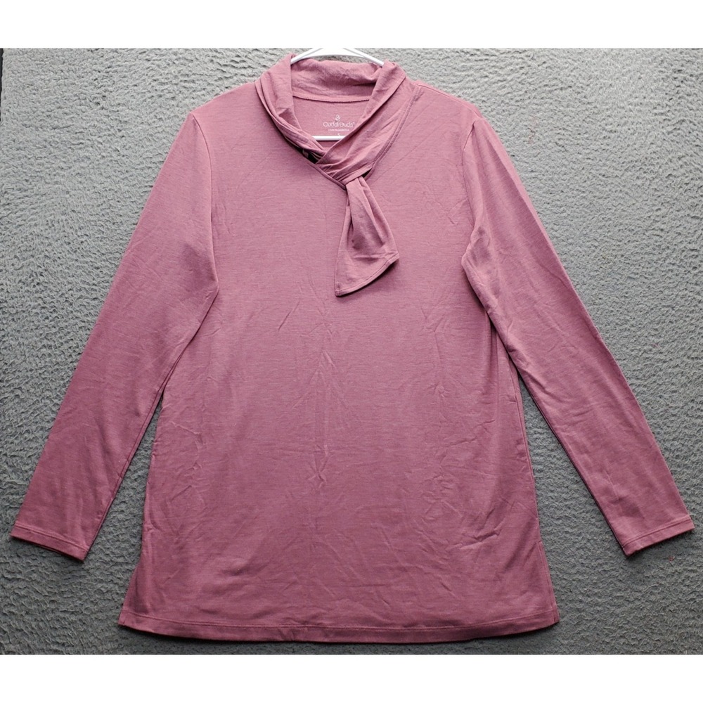 Cuddl Duds Tunic Top Womens Small Pink Long‎ Sleeve Tie Mock Neck Slit Pullover